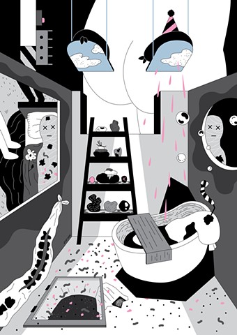 Black and white digital illustration art of dusty fever series bummer by illustrator and artist Bo Yoon