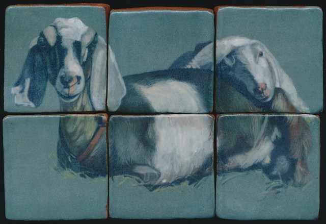 Ceramic handmade tiles, hand painted with underglazes, high-fired, goat portrait by Chantelle Norton.