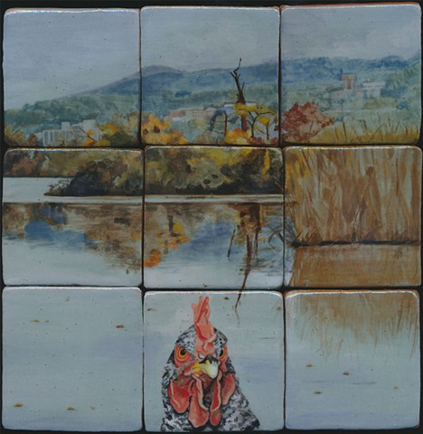 Ceramic handmade tile, hand painted with underglazes, high-fired, chicken portrait in Hudson Valley landscape at Constitution Marsh, by Chantelle Norton.