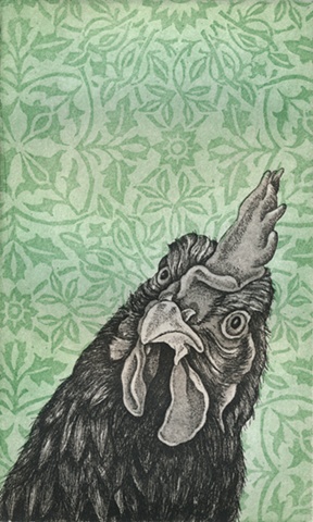Chicken etching print with ornate background wallpaper aquatint by artist Chantelle Norton.