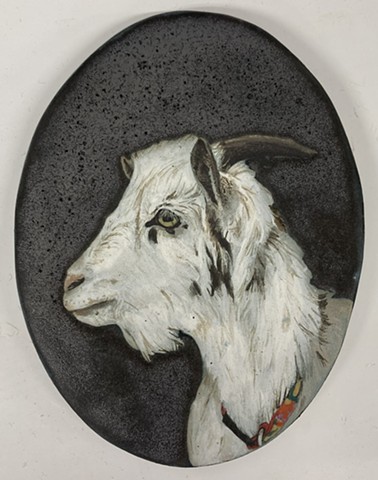 goat underglaze painting on porcelain tile by Chantelle Norton