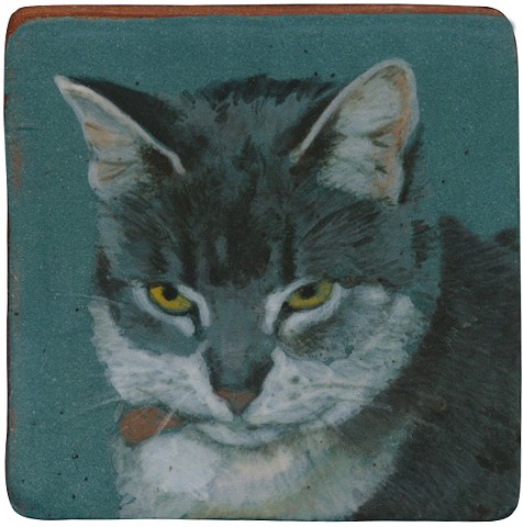 Ceramic handmade tile, hand painted with underglazes, high-fired, cat portrait by Chantelle Norton.