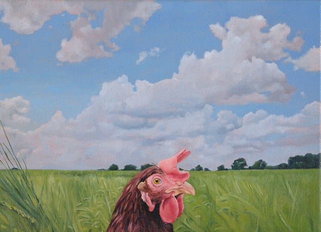 Chicken in field with clouds oil painting by artist painter Chantelle Norton