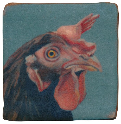 Ceramic handmade tile, hand painted with underglazes, high-fired, chicken portrait by Chantelle Norton.