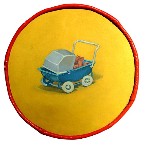 Oil painting on canvas of plastic toy pram filled with toy hands by artist Chantelle Norton.