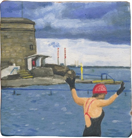 Ceramic handmade tile, hand painted with underglazes, and high-fired. Polar plunge at Seapoint, Dublin by Chantelle Norton.