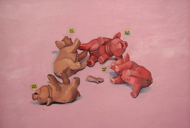 Oil painting on canvas of plastic toy pigs laughing by artist Chantelle Norton.
