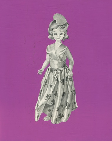 Drawing of toy doll on panel with painted background by Chantelle Norton.