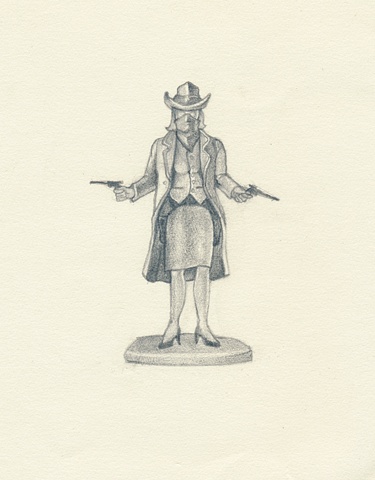 Pencil Drawing of a plastic toy cowgirl with guns by artist Chantelle Norton.