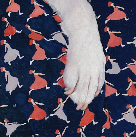 Oil painting of a dog paw on dancers textile pattern by Chantelle Norton.