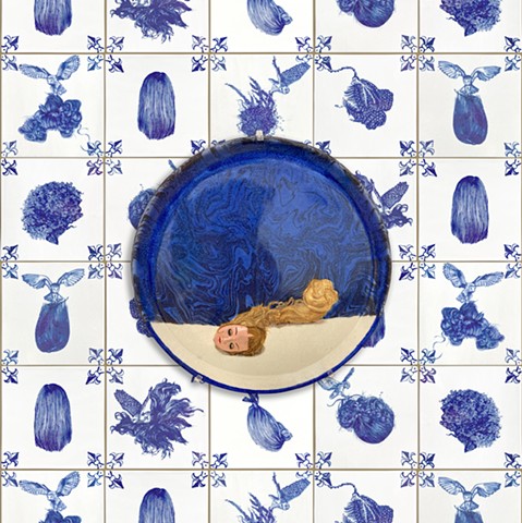 blue agateware plate with painted underglaze doll head on delft hair and owl tiles by Chantelle Norton