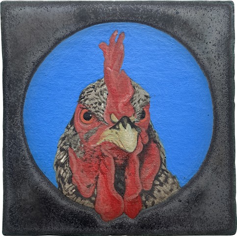 chicken portrait painting on square tile by chantelle norton