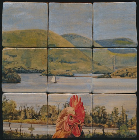 Ceramic handmade tile, hand painted with underglazes, high-fired, chicken portrait with Hudson River view from Boscobel, by Chantelle Norton.