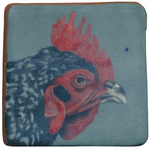 Ceramic handmade tile, hand painted with underglazes, high-fired, chicken portrait by Chantelle Norton.
