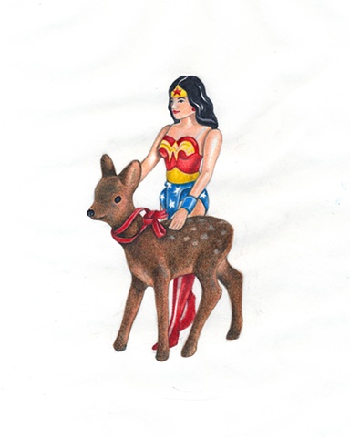 Drawing on paper of toy Wonder Woman with toy deer by Chantelle Norton.