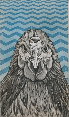 Chicken etching print with aquatint design background by artist Chantelle Norton.
