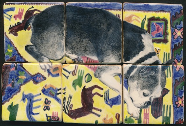 Ceramic handmade tiles, hand painted with underglazes, high-fired, dog portrait of a Boston Terrier on patterned rug by Chantelle Norton.