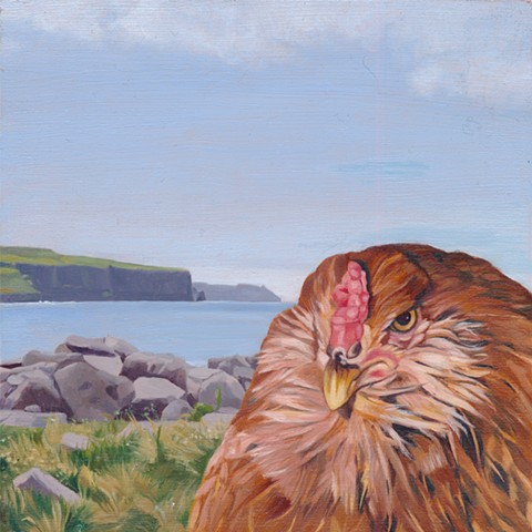 Chicken in front of Cliffs of Moher, Doolin, Ireland. Irish Landscape painting.