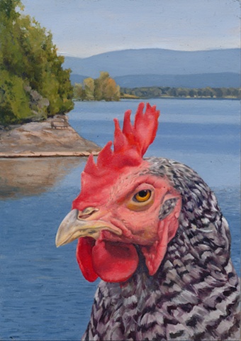 Chicken landscape painting at North Hero VT, Lake Champlain.