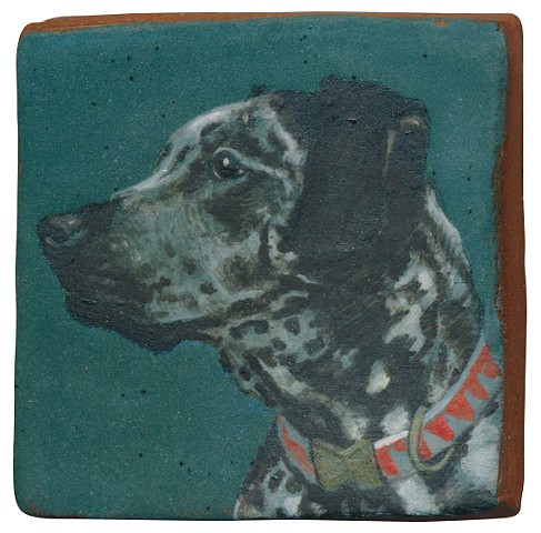 Ceramic handmade tile, hand painted with underglazes, high-fired, dog portrait by Chantelle Norton.