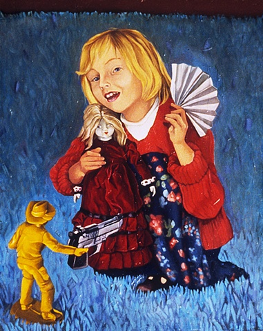 Oil painting on panel of a girl with a fan and doll being held up by a plastic toy cowboy with a gun by artist Chantelle Norton.