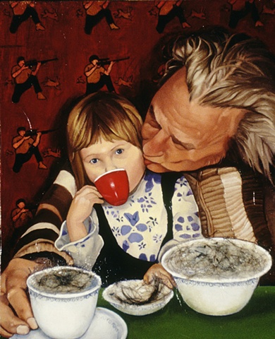 Oil painting with hair on panel of a man kissing a girl drinking out of a teacup by artist Chantelle Norton.