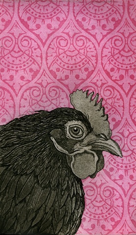Chicken etching print with aquatint pattern design background by artist Chantelle Norton.