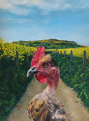 Transylvanian naked neck chicken in Irish landscape painting by Chantelle Norton.