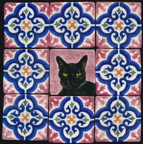 Ceramic handmade tiles, hand painted with underglazes, high fired, cat portrait with pattern tile border by Chantelle Norton.