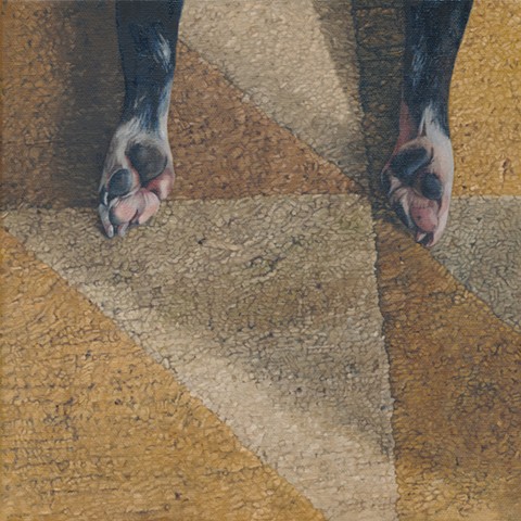Oil painting of dog paws on a Tufenkian carpet by Chantelle Norton.
