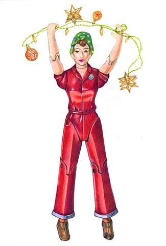 Drawing on paper of Rosie the Riveter holding christmas lights by artist Chantelle Norton.