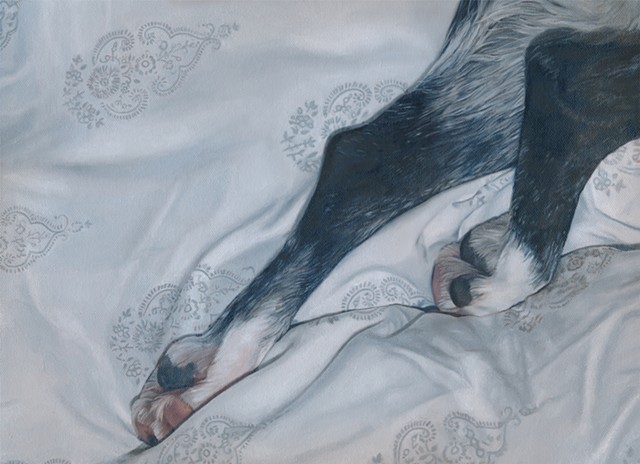 Oil painting of dog paws on patterned sheet by Chantelle Norton.