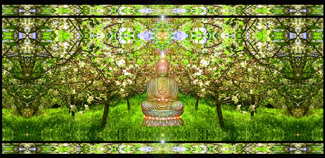 buddha orchard, apple blossoms in spring, compassion for all beings, altar art