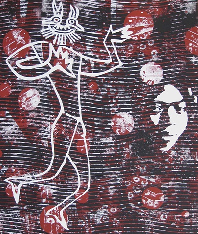 Original contemporary painting on canvas of a face and a male mythological figure by Mark Sirdevan.