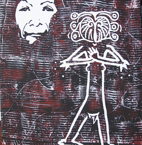 Original contemporary painting on canvas of a face and a female mythological figure by Mark Sirdevan.