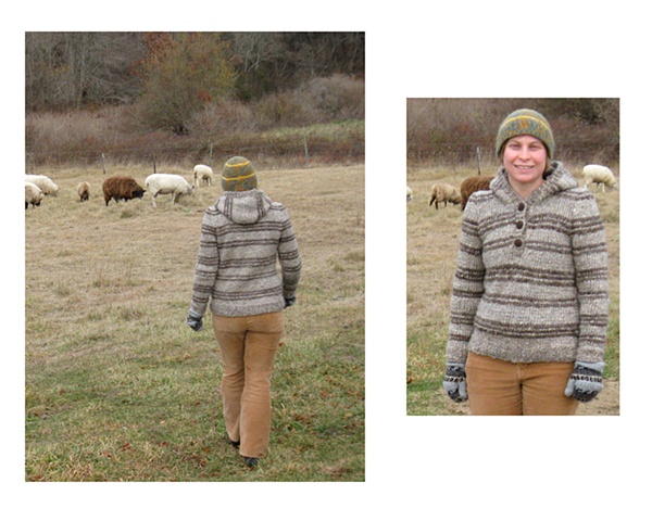 a hand knit sweater made from the wool of one sheep from Peterson Farm on in Falmouth, MA