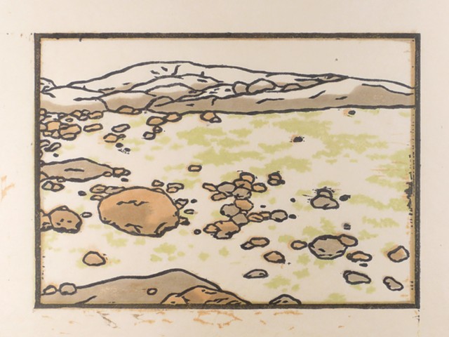 Japanese woodcut print of a remote, rocky, foggy beach at low tide on Wass Island Preserve in Maine