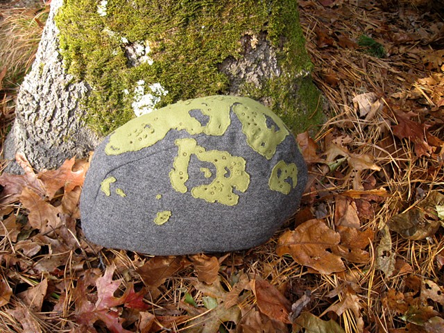 stone shaped wool rock pillow with hand applique and embroidered lichen