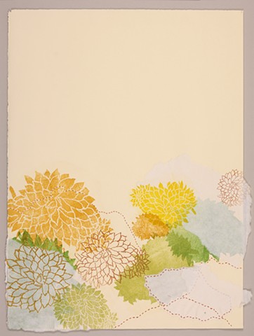 Woodcut print with drawing, sewing, and collage by Chelsea Clarke. Vertical landscape with succulents, green and yellow.