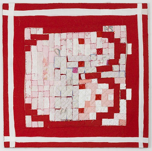 Abstract, colorful, collage, sewn, quilt, fabric on canvas are the artwork of Brooklyn Sculptor, Artist and Feminist Courtney Puckett
