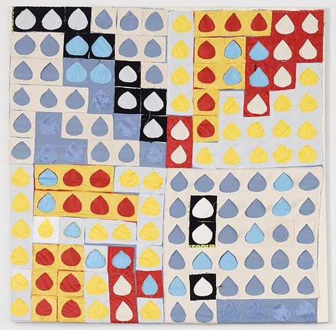 Abstract, colorful, collage, sewn, quilt, fabric on canvas are the artwork of Brooklyn Sculptor, Artist and Feminist Courtney Puckett