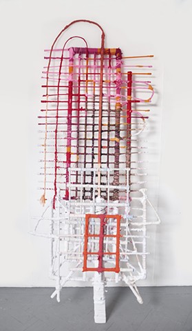Figurative, Abstract, Colorful, Recycled, Wrapped Sculpture made from wood, furniture, wire, metal, fabric, textiles, fiber, and string is the artwork of Brooklyn Sculptor, Visual Artist and Feminist Courtney Puckett