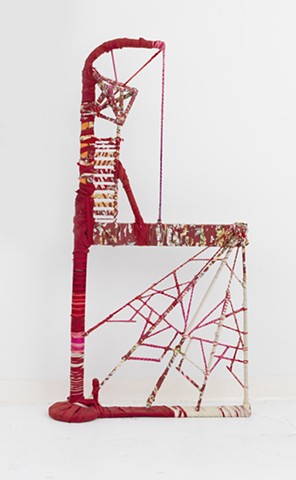 Figurative, Abstract, Colorful, Recycled, Wrapped Sculpture made from wood, furniture, wire, metal, fabric, textiles, fiber, and string is the artwork of Brooklyn Sculptor, Visual Artist and Feminist Courtney Puckett