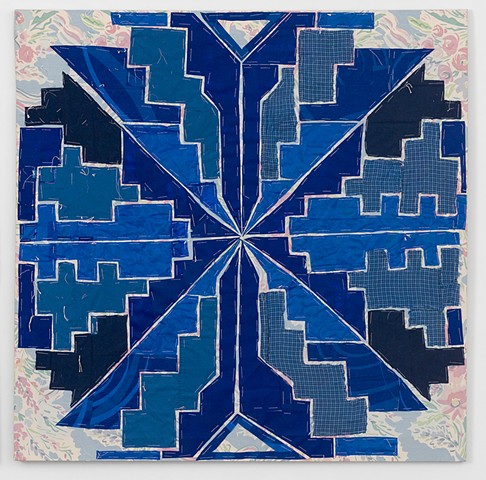 Abstract, colorful, collage, sewn, quilt, fabric on canvas are the artwork of Brooklyn Sculptor, Artist and Feminist Courtney Puckett