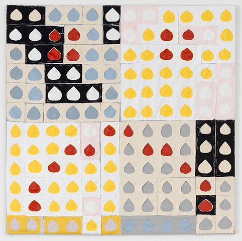 Abstract, colorful, collage, sewn, quilt, fabric on canvas are the artwork of Brooklyn Sculptor, Artist and Feminist Courtney Puckett