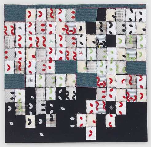 Abstract, colorful, collage, sewn, quilt, fabric on canvas are the artwork of Brooklyn Sculptor, Artist and Feminist Courtney Puckett