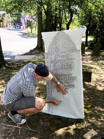 Doug Clouse, Making a gravestone rubbing in Staten Island; This one was made with graphite rather than wax in order to pick up the fine, shallow detail in the decoration. 