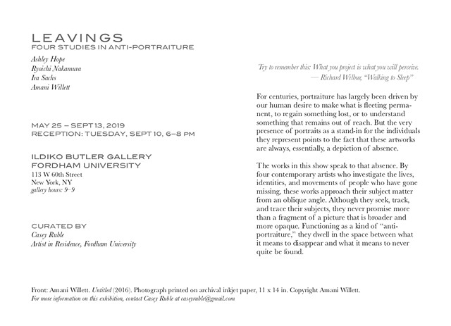Leavings: Four Studies in Anti-Portraiture. Featuring Ashley Hope, Ryoichi Nakamura, Ira Sachs, and Amani Willett