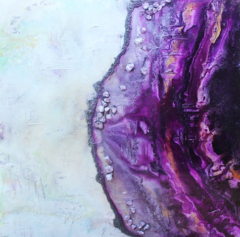 Fake Amethyst is fluid painting by Dallas artist Suzie Collins.  This original piece has paint, resin, sand, crystal and stone and is available for purchase at Purveyor Home in Dallas' Design District. 