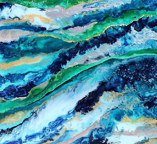 Hawaii is a large abstract painting.  The art piece is in fluid art style and has a resin finish.  Created by local Dallas artists Suzie Collins. 